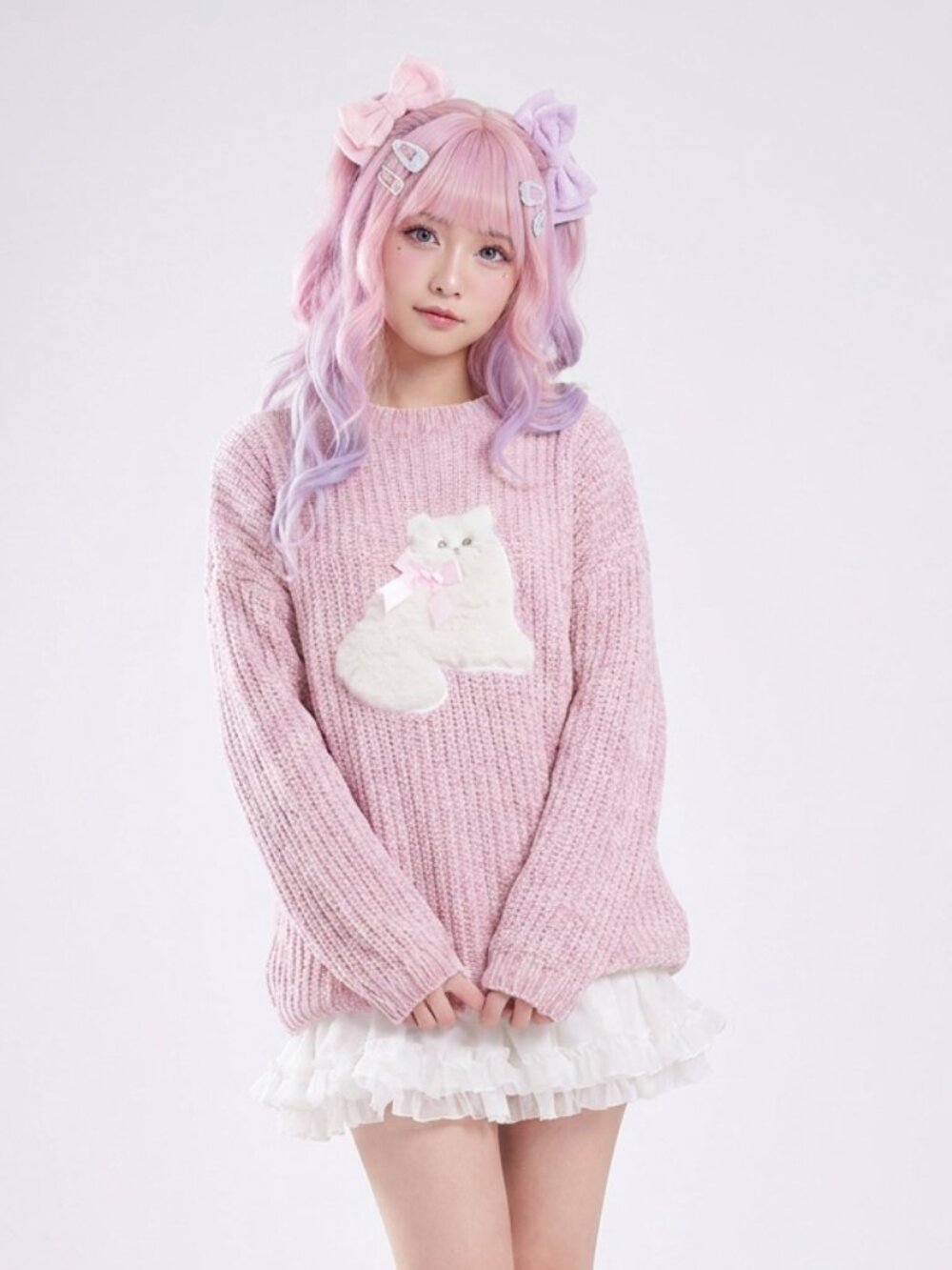 SWANKISS yumekawa yume kawaii soft pink knit sweater with kitty cat applique